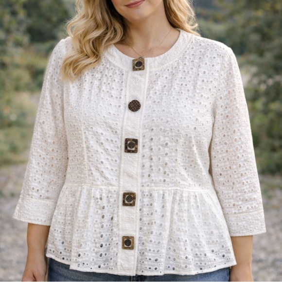 Chico's Jackets & Blazers - Chico’s White Eyelet Evie Peplum Jacket size XL
